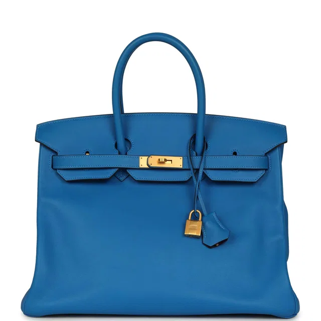 Hermès Special Order (HSS) Birkin 35 Bleu Hydra Verso Swift Brushed Gold Hardware in Blue Swift leather from Madison Avenue Couture