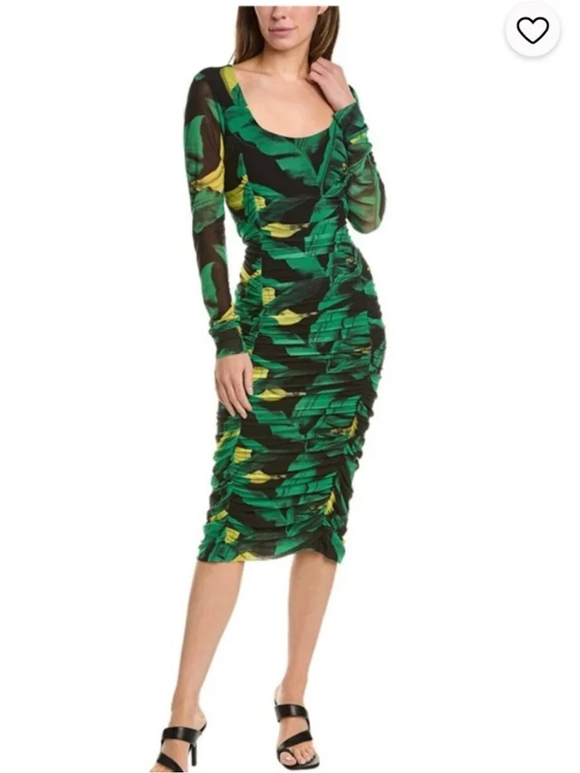 GANNI Tulle Ruched Gathered Bodycon Midi Dress Green Floral Print in green|black from Poshmark, photo 3 of 3