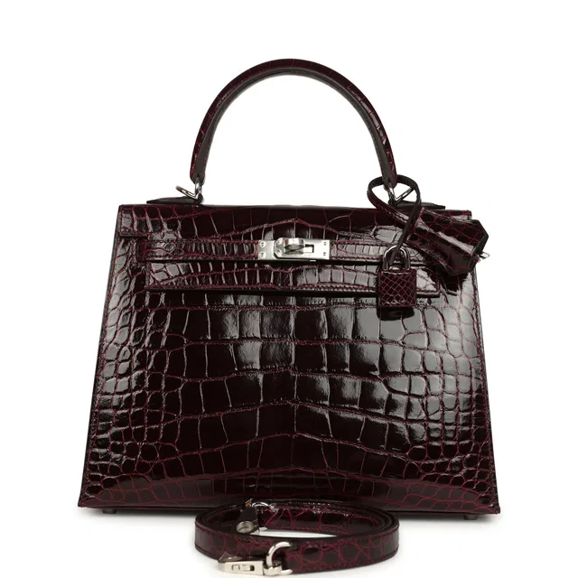 Hermès Kelly Sellier 25 Bordeaux Shiny Alligator Palladium Hardware in Burgundy Crocodile from Madison Avenue Couture