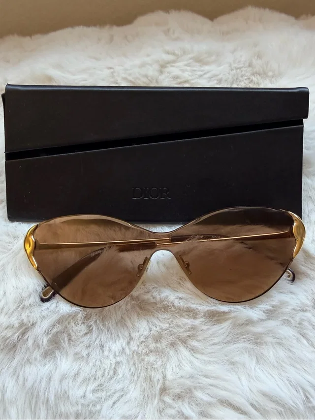 Chloé Gold-Trim Brown Lens Oversized Shield Sunglasses With Dior Case in brown|gold|red from Poshmark