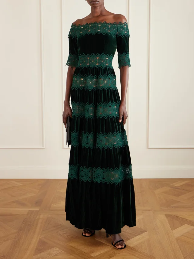 COSTARELLOS Off-the-shoulder striped lace and velvet gown in Green, photo 2 of 2 from NET-A-PORTER (Canada)