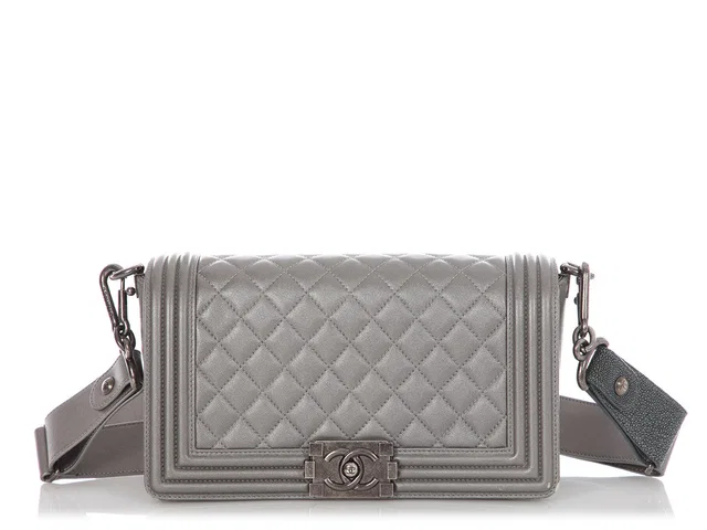 Chanel Old Medium Pewter Quilted Lambskin Boy Bag in Lambskin from Ann's Fabulous Finds