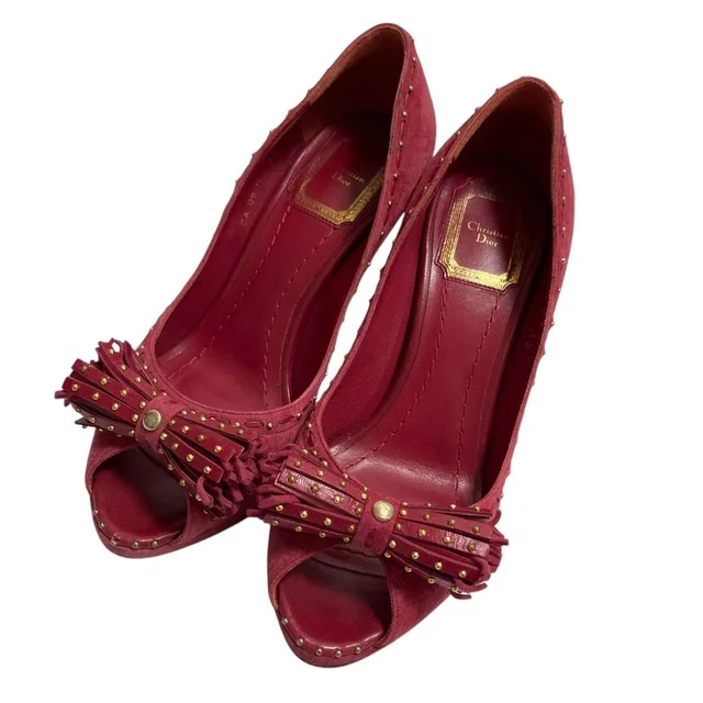 Dior Tassel Ribbon Open Toe Suede Pumps Pink Heels in Pink Suede from The Reluxe