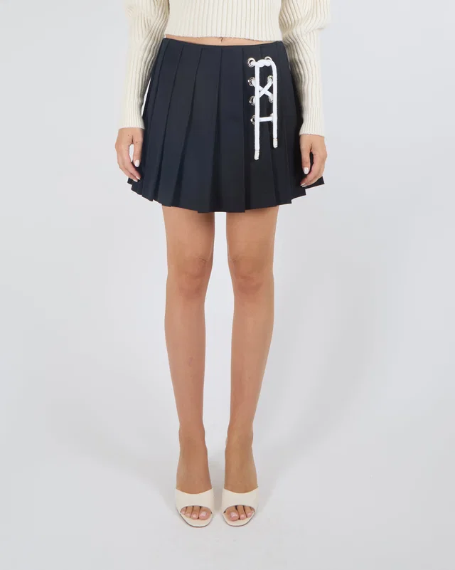 Prada Navy Pleated Drill Mini Skirt with a White Lace-Up Cord Detail Size IT 38 (UK 6) in White from Sellier