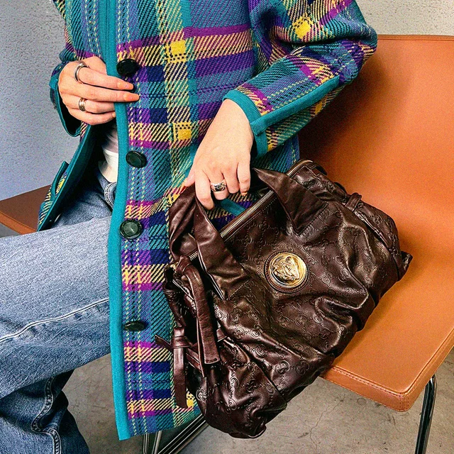 Gucci G-Shima pattern logo plate handbag dark brown from VINTAGE QOO TOKYO