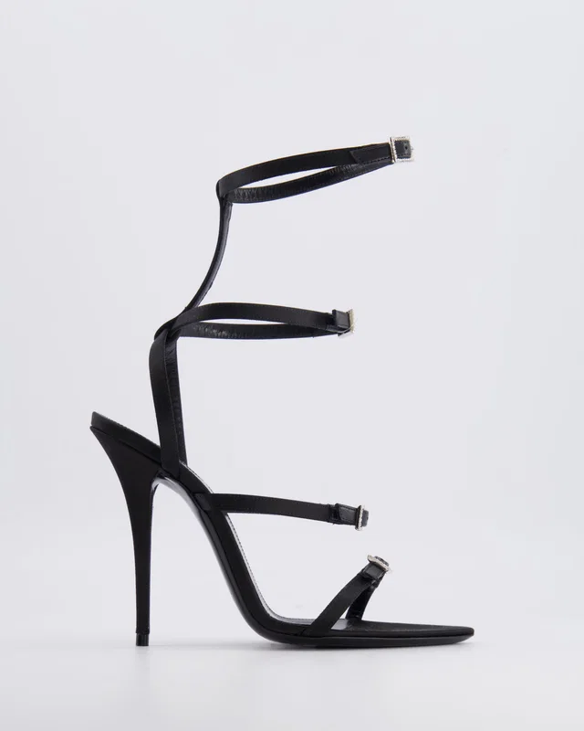 Saint Laurent Black Satin Nuit 110 Crêpe Heeled Sandals with Crystals Size EU 37 in Black Satin from Sellier