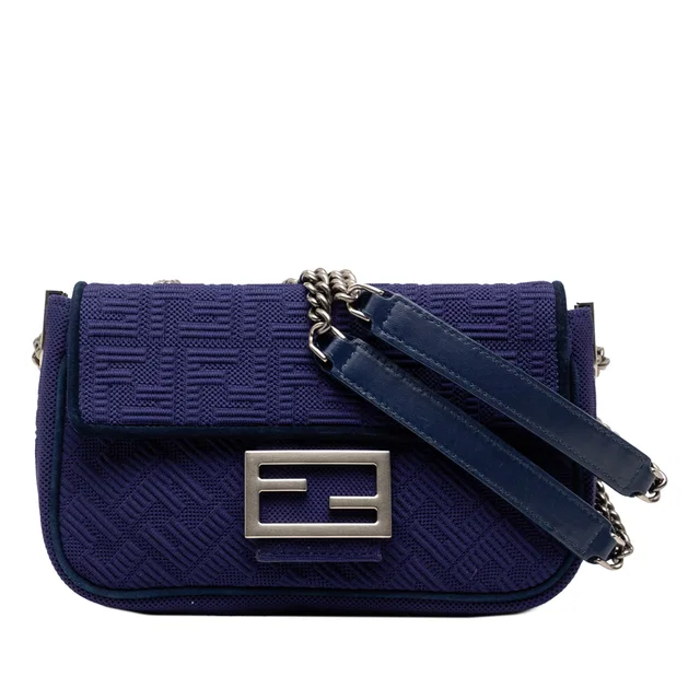 Blue Fendi Zucca Embossed Technical Fabric Chain Midi Baguette Shoulder Bag in Blue Canvas from Designer Revival