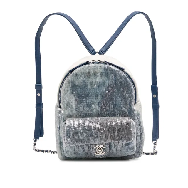 Blue Chanel Sequin Waterfall Backpack in Blue Woven leather from Designer Revival