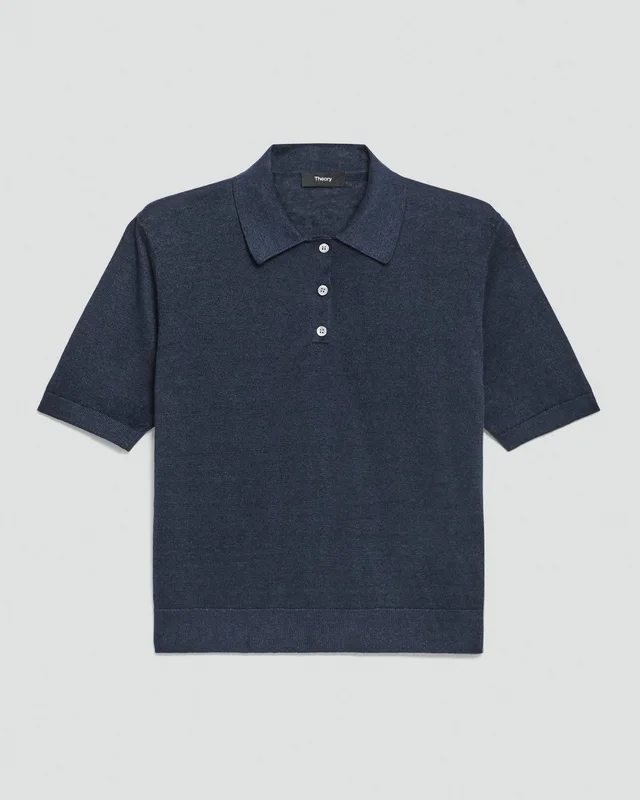 Theory Sheer Polo Shirt in Linen Knit in NOCTURNE NAVY 77% Linen, 23% Viscose; Exclusive Of Elastic, photo 7 of 14 from Theory