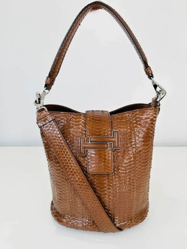 Tod's Snakeskin Embossed Leather Double T Bucket Bag in Leather from Edit Second Hand