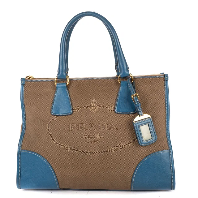 Prada Saffiano Trimmed Tote Bag Beige Blue Floral Canvas in Beige Saffiano leather from The Reluxe