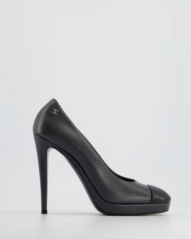 Chanel Charcoal Round Toe Heels with Silver CC Logo Detail Size EU 40 in Silver Lambskin from Sellier