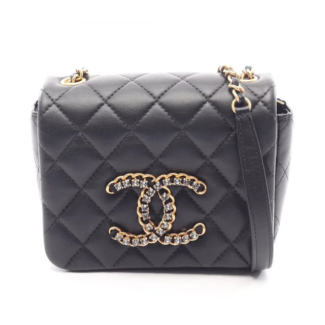 Chanel Shoulder Bag Quilted Black Lambskin Mini Crystal Coco Chain in Black Lambskin from The Reluxe