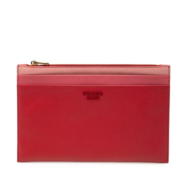 Red Prada Tricolor Saffiano Zippered Portfolio Clutch in Red Saffiano leather from Designer Revival