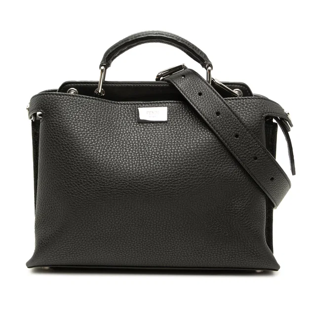 Black Fendi Mini Leather Peekaboo Iconic Essential Satchel in Black Leather from Designer Revival