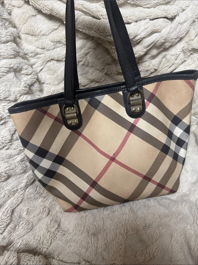 Burberry Classic Plaid Tote Bag In Beige With Black Trim in black|brown|neutral from Poshmark