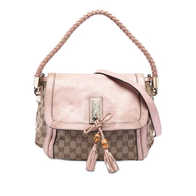 Beige Gucci GG Canvas Bella Flap Satchel in Beige Canvas from Designer Revival