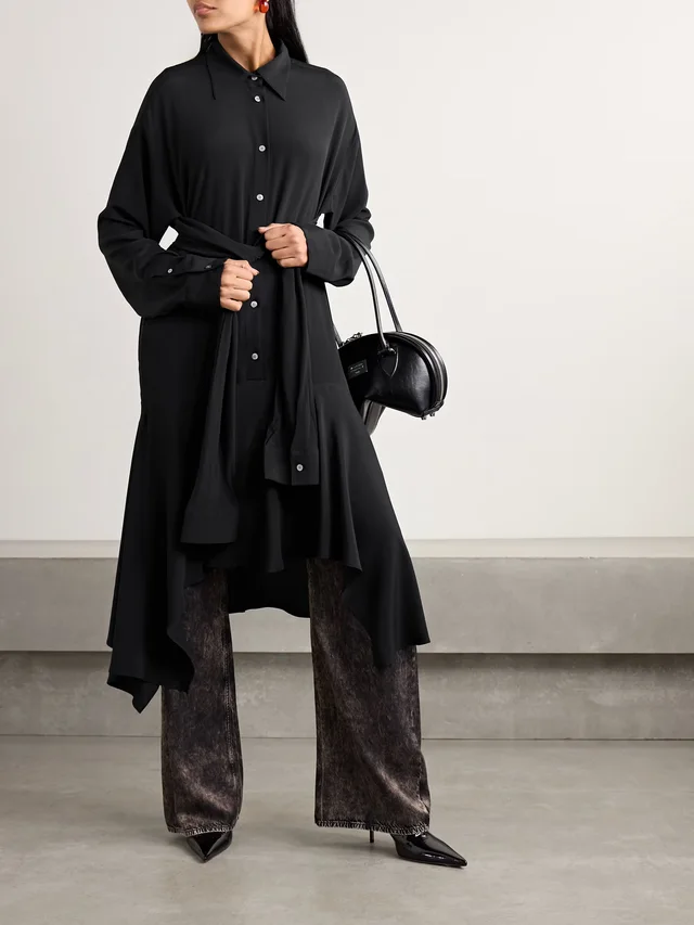 ACNE STUDIOS Convertible asymmetric belted crepe de chine midi shirt dress in Black, photo 2 of 2 from NET-A-PORTER (Canada)
