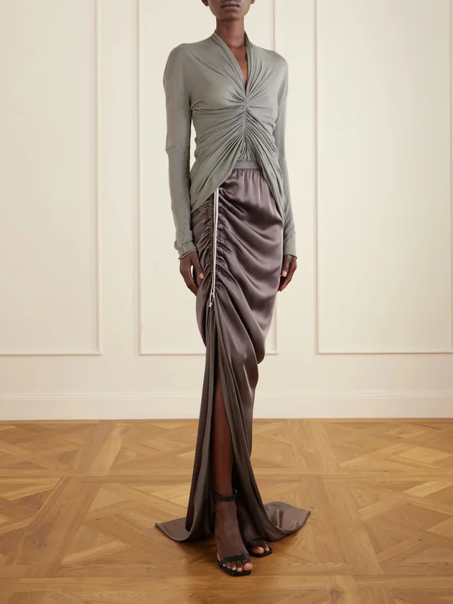 RICK OWENS Edfu gathered satin maxi skirt in Grey, photo 2 of 2 from NET-A-PORTER (Canada)