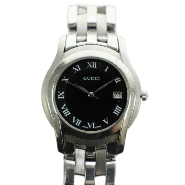 Gucci Watch Analog 3 Hand Round Face Quartz Black Dial Silver in Black from The Reluxe