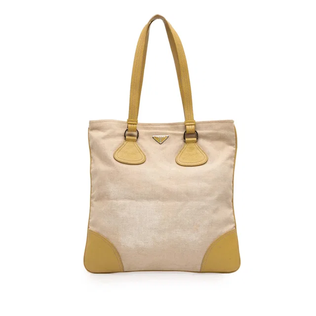 Beige Prada Vitello Trimmed Canvas Canapa Tote in Beige Canvas from Designer Revival