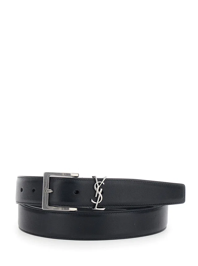 Saint Laurent Cassandre Plate Belt — Black Calfskin Leather in Black Calfskin from HEWI