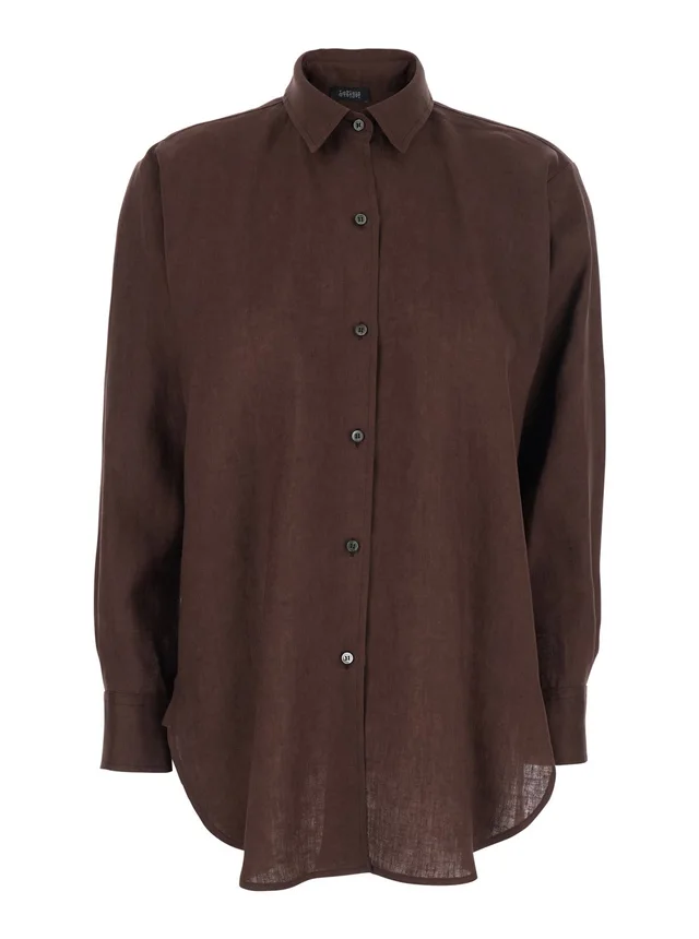 LEPLAIN Brown Linen Shirt with Classic Collar and Button Closure Woman in Brown, photo 2 of 6 from Gaudenzi Boutique