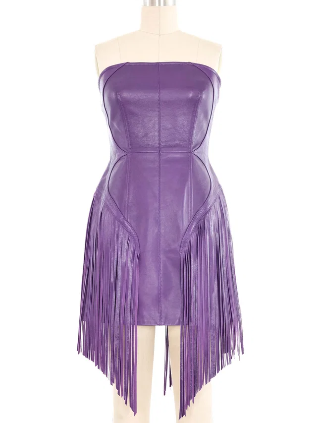 2023 Versace Purple Leather Fringe Dress in Purple Leather from Arcade Vintage