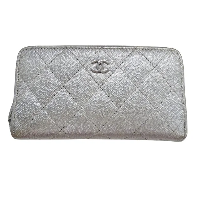 Chanel Wallet Compact Caviar Leather Quilted Silver CC Logo in Silver Caviar leather from The Reluxe