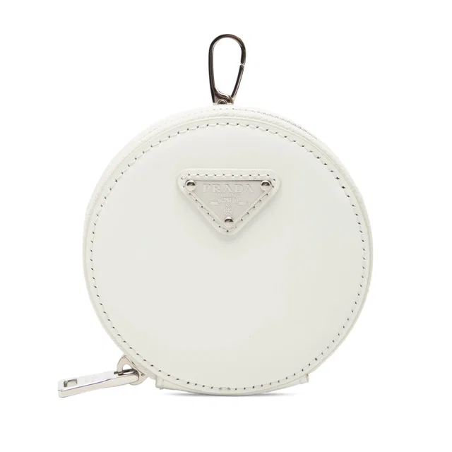 White Prada Spazzolato Round Coin Pouch Bag Charm in White Leather from Designer Revival
