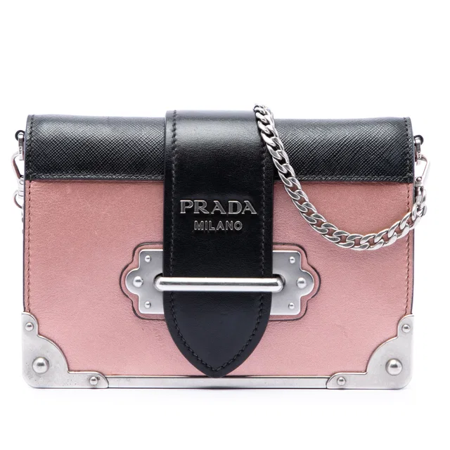 Black Prada Saffiano Trimmed Metallic City Calf Cahier Crossbody in Black Saffiano leather from Designer Revival