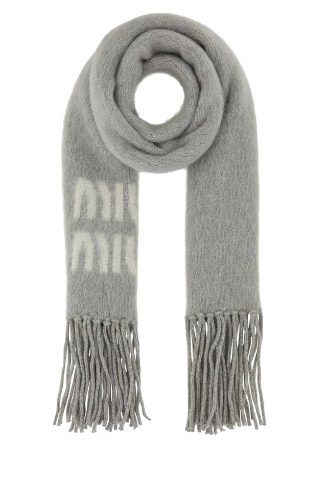 Miu Miu Mohair Blend With Fringe Scarf — Gray Exterior: Nylon Wool Scarfs in Grey Nylon from HEWI