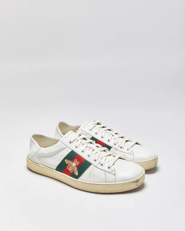 2023 Gucci Women's White Calfskin Leather Web Ace Low Trainers - UK6 in White Calfskin from Rokit Vintage