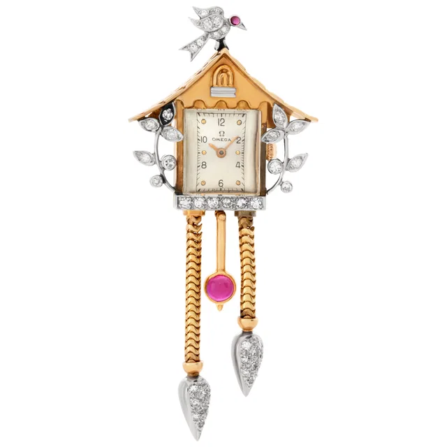Omega Birdhouse brooch in 14k gold and diamonds in Gold Yellow Gold from Gray And Sons