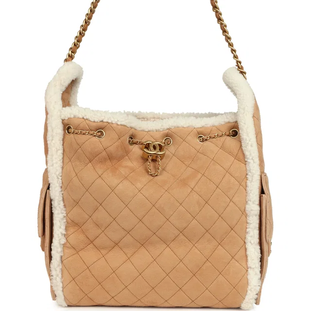 Chanel Medium 25 Hobo Bag Beige Suede and White Shearling Antique Gold Hardware in White Suede from Madison Avenue Couture
