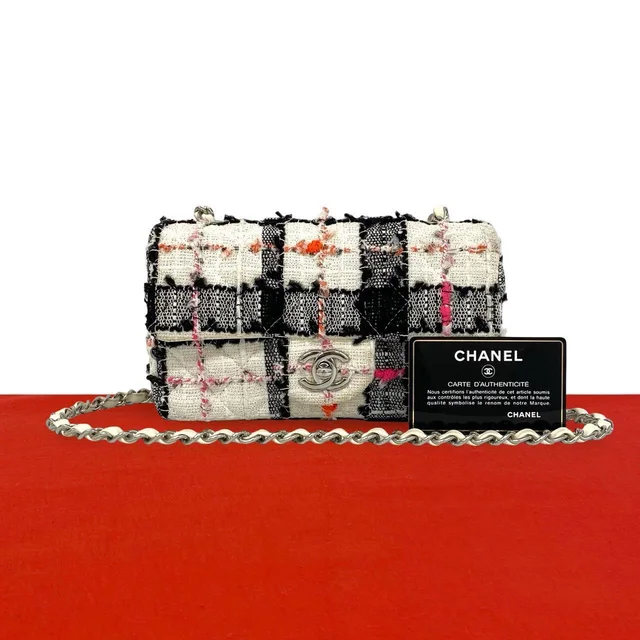 Chanel Quilted CC Logo Tweed Leather Mini Shoulder Bag White in White Tweed from The Reluxe