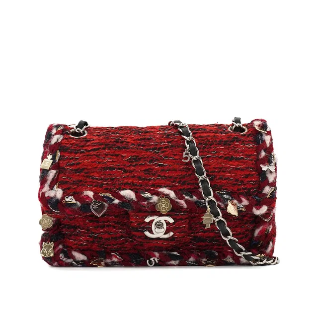 Chanel Matelasse Chain Shoulder Bag Icon Charm Red Tweed Silver Hardware in Red Tweed from Luxury Promise
