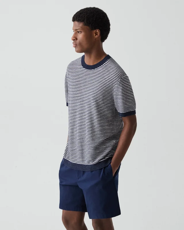 Theory Striped Tee in Pacific Linen in NEW BALTIC/WINTER IVORY 65% Linen, 23% Cotton, 12% Polyester; Exclusive Of Elastic, photo 2 of 12 from Theory