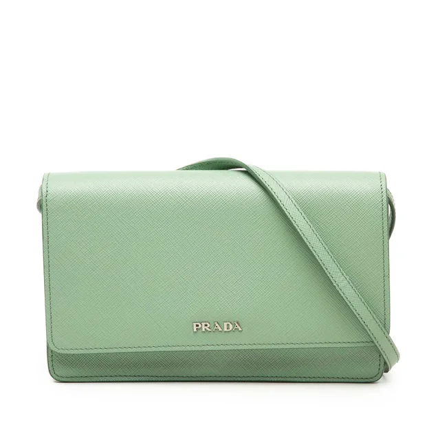 Green Prada Saffiano Wallet on Strap Crossbody Bag in Green Saffiano leather from Designer Revival