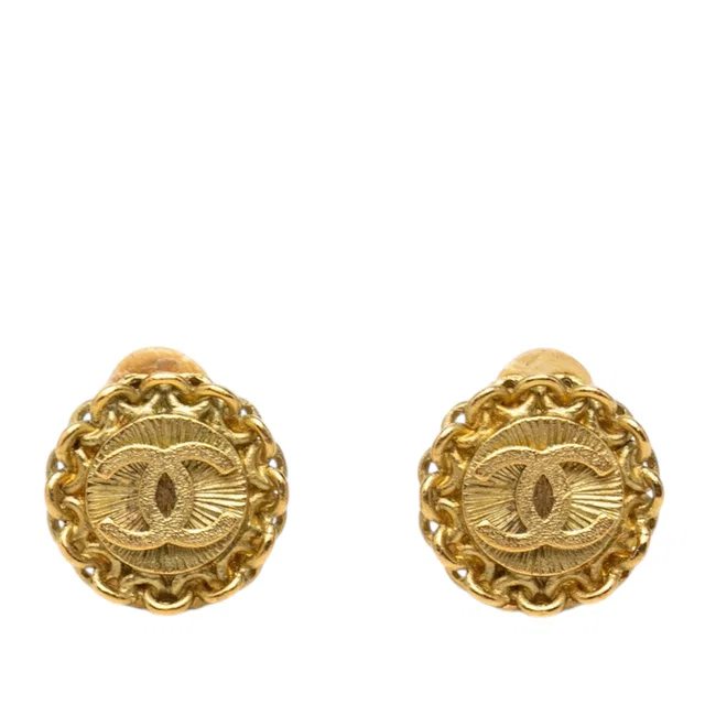 Gold Chanel CC Gold Plated Round Clip On Earrings in Gold from Designer Revival