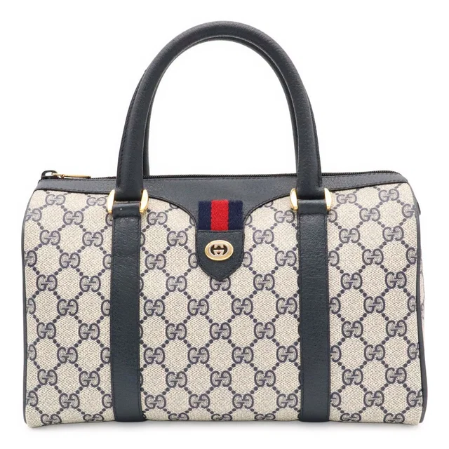 Gucci Vintage GG Plus Sherry Line Mini Boston Bag Leather Beige Navy 116.02.006 in Beige Leather from The Reluxe