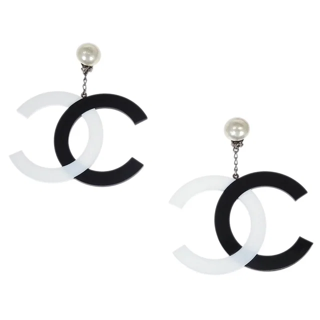 Chanel Dangle CC Earrings Clip-On Silver Costume Pearl 96P in Silver Resin from AMORE Vintage Tokyo