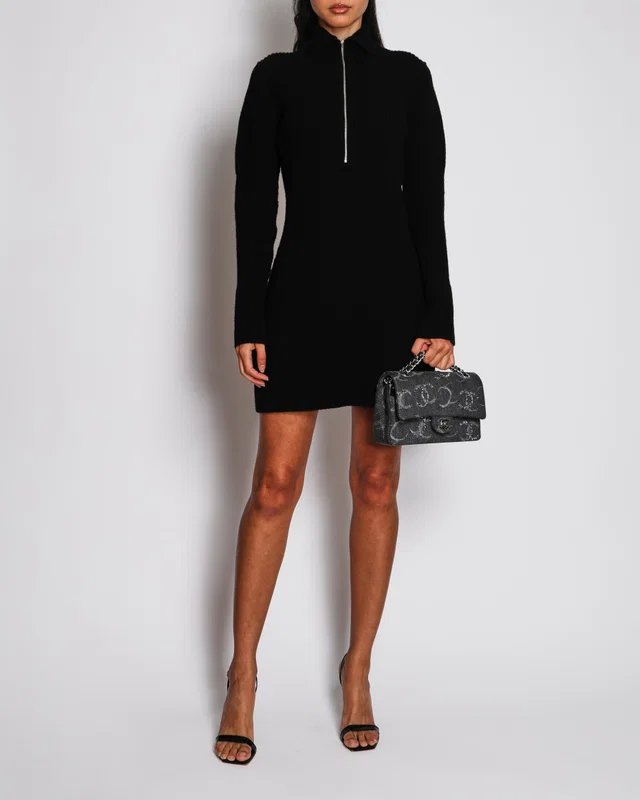 Hermès Black Wool Long Sleeve Mini Dress with Silver Zip Up Detail Size FR 40 (UK 12) in Black Wool from Sellier