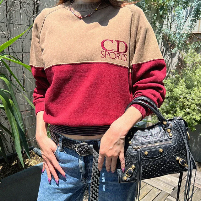Dior Two-tone Logo Embroidered Long-Sleeve Sweatshirt #S Brown/Bordeaux in Brown from VINTAGE QOO TOKYO