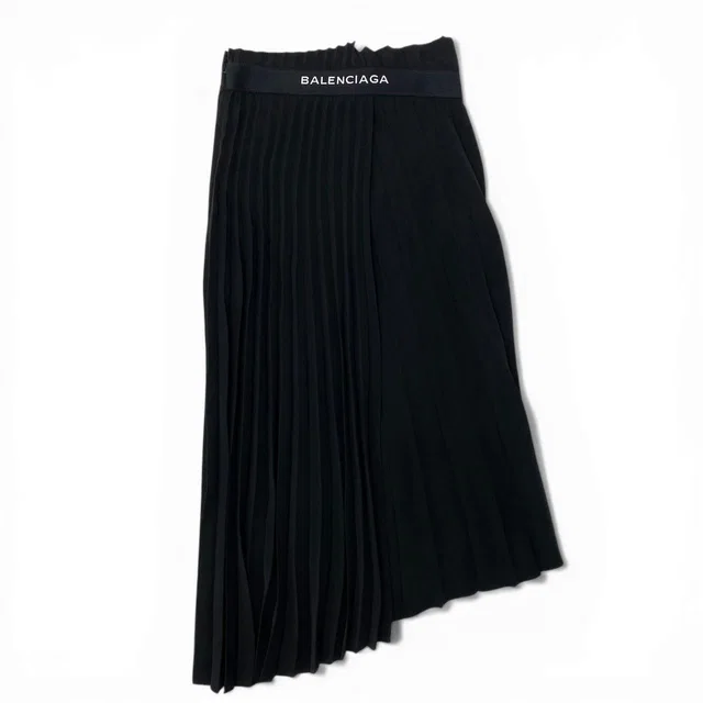 Balenciaga Pleated Skirt Wrap Style Asymmetric Design Waist Logo Black 34 in Black from The Reluxe