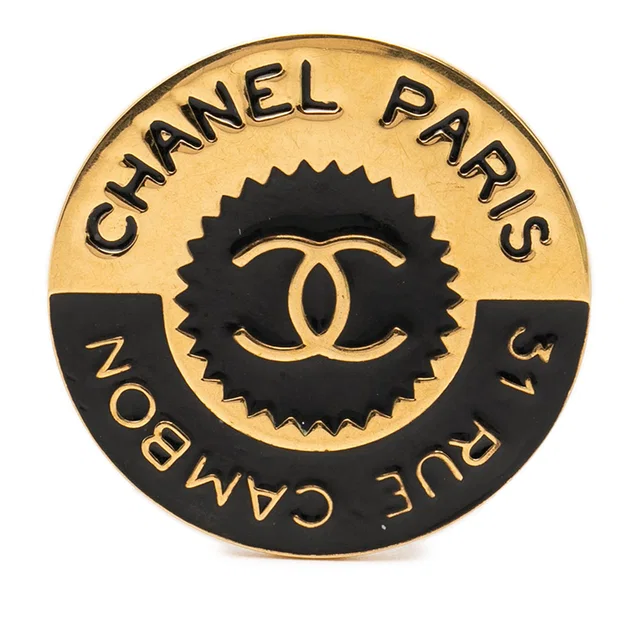 Black Chanel CC Gold Plated Enamel 31 Rue Cambon Brooch in Black from Designer Revival