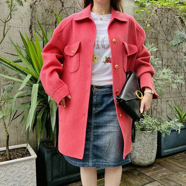 Gucci Logo Button Coat #42 Pink in Pink Wool from VINTAGE QOO TOKYO