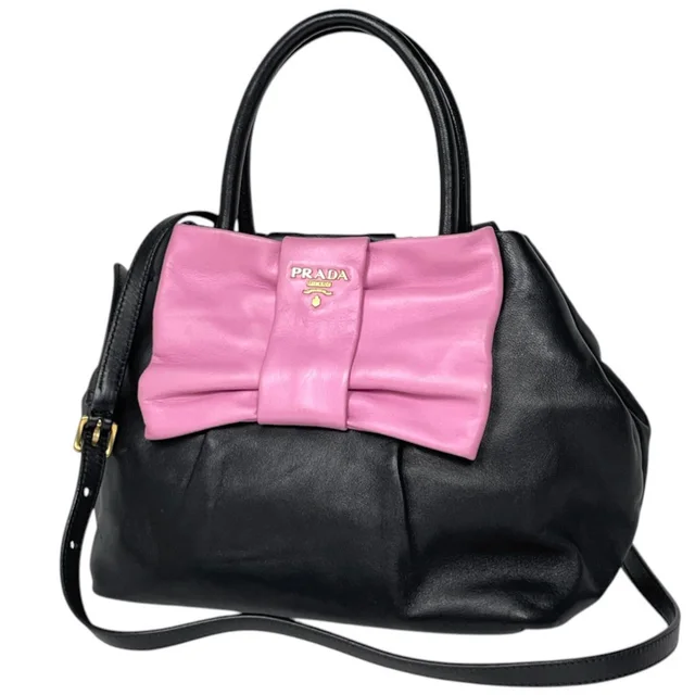Prada Handbag Ribbon 2-Way Leather Nero Pink in Black Leather from The Reluxe