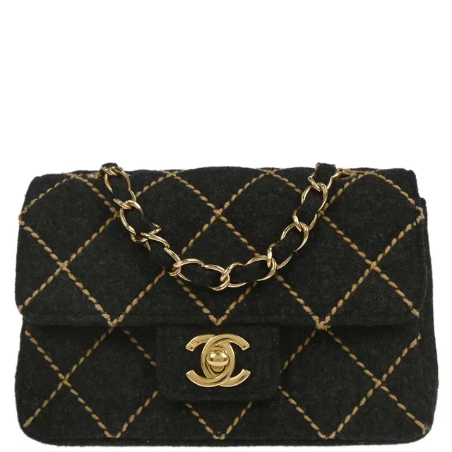 Chanel 2003-2004 Gray Wool Wild Stitch Mini Classic Square Flap Shoulder Bag 17 in Grey Wool from AMORE Vintage Tokyo