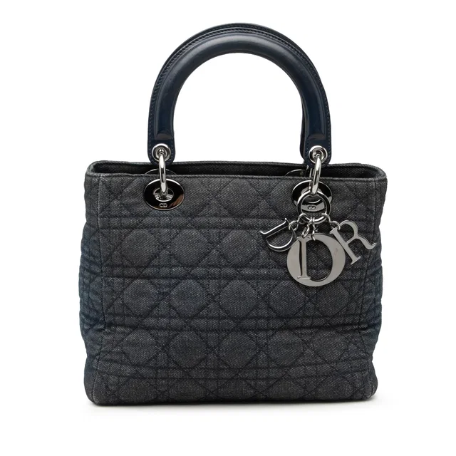 Blue Dior Medium Denim Cannage Lady Dior Satchel in Blue Denim from Designer Revival